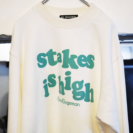 【DE SINGSMANシリーズ】第二弾　"stakes is high"　12inchタイトル　Reタイポグラフィック　スウェット（WHITE）
