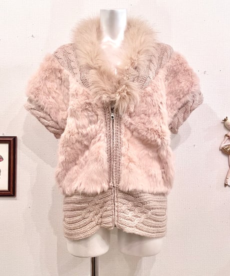 Vintage Fur Design Short Sleeve Sweater M