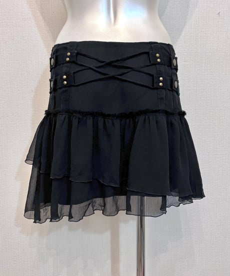 Vintage Lace Up & Asymmetry Design Flare Mini Skirt M