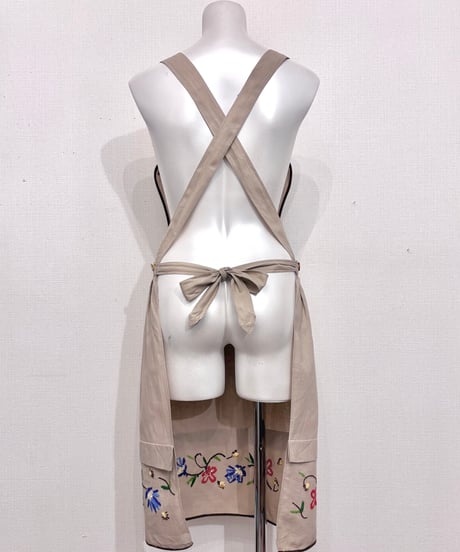 Vintage Gray Brown Flower Embroidery Apron Onepiece