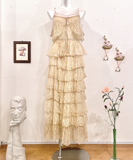 Vintage Lace & Frill Design Camisole Long Dress S