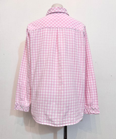 Vintage/Remake Baby Pink Gingham Check Poetry Print Frill Shirt M