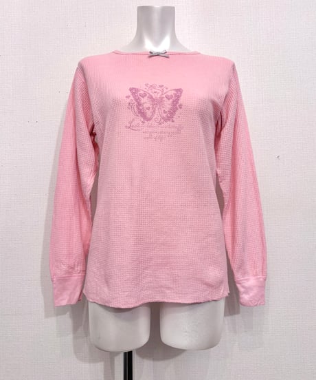 Vintage/Remake Butterfly Print Design Pink Thermal Top S