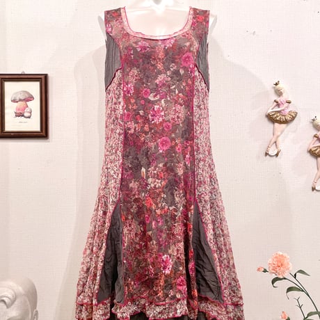 Vintage Khaki Brown Floral Frill Design Dress M
