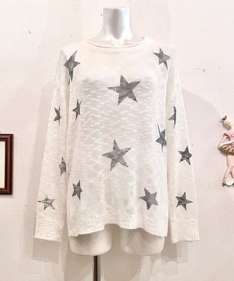 Vintage Off White & Gray Star Design Knit Sweater M