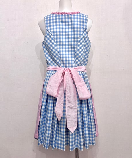 Vintage Blue Gingham Check & Pink apron Design Dirndl Dress M