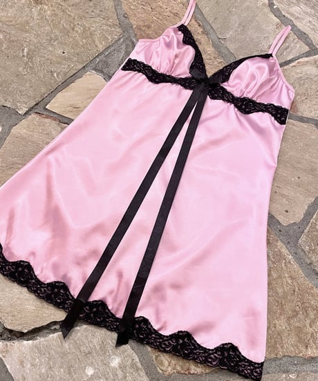 Vintage Pink & Black Ribbon Design Satin Camisole Dress M