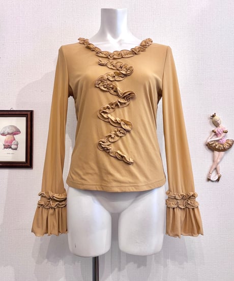Vintage Mustard Frill & Flare Sleeve Design Top S