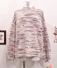 Vintage Pom Pom Design Beige & Brown Mix Knit Sweater L