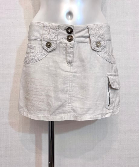 Vintage/Remake Letter Print Lace & Buckle Design Linen Mini Skirt S