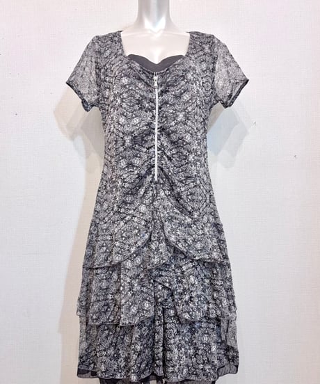 Vintage Gray Brown Geometric Print Zipper & Frill Design Onepiece L