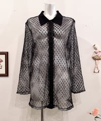 Vintage Black Gradation Dye Crochet Design Shirt L