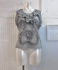 Vintage Gray Swirl Frill Lace Design Sheer Top M