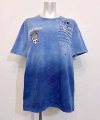 Vintage/Bootleg DIESEL Blue Gradation Studs & Patch Design T-Shirt L