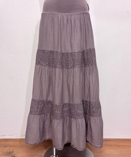 Vintage Gray Brown Lace Design Stretch Long Skirt M