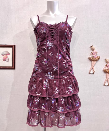 Vintage Lace Up & Frill Design Camisole Dress S