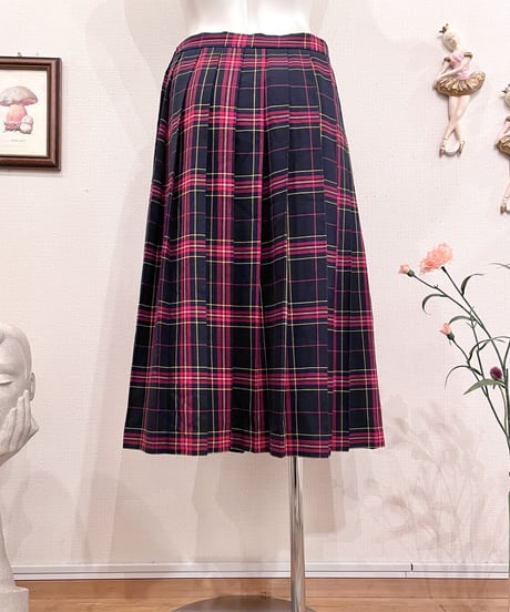 Vintage Dark Navy Tartan Check Side Button Design Long Pleats Skirt M