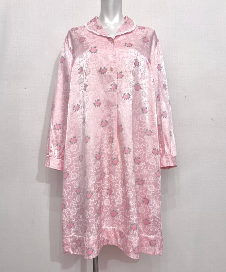 Vintage Light Pink Rose Design Satin Night Gown L