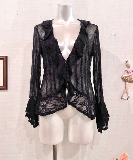 Vintage Sequin & Lace Frill Sheer Design Top S