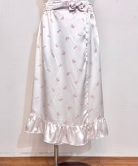 Baby Pink Ribbon & Dot Frill Design Satin Wrap Skirt M
