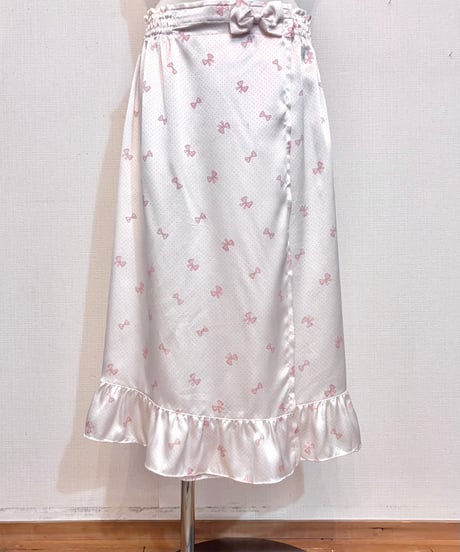 Baby Pink Ribbon & Dot Frill Design Satin Wrap Skirt M