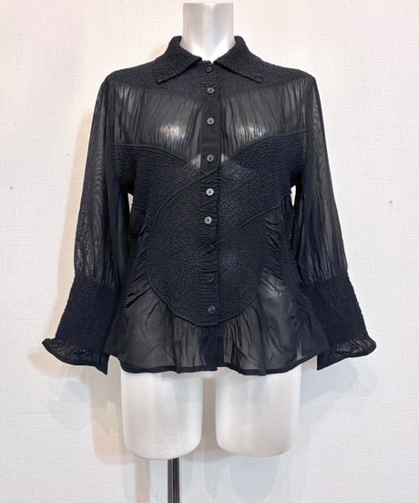 Vintage Wrinkle Pleats Design Sheer Shirt S