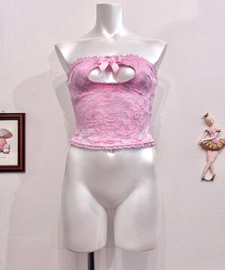 Vintage Baby Pink Cut Out & Ribbon Design Lace Bustier Top S