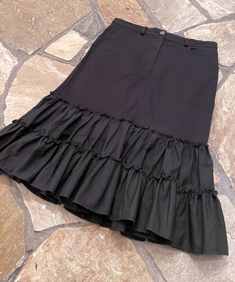 Vintage Black Frill Design Midi Skirt M