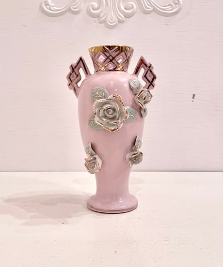 Vintage Pale Pink & Mint Rose 3D Design Ceramic Flower Vase