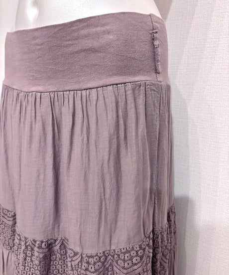Vintage Gray Brown Lace Design Stretch Long Skirt M