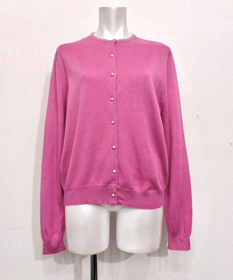 Vintage Magenta Gray Pearl Design Knit Cardigan M