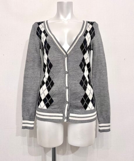 Vintage Gray Argyle Design Knit Cardigan S