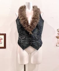 Vintage Fur Trim Design Damage Denim Vest S
