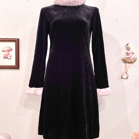 Vintage Pale Pink Faux Fur Trim Velour Dress S