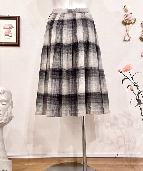 Vintage Black & Gray Shadow Check Midi Pleats Skirt S
