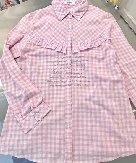 Vintage/Remake Baby Pink Gingham Check Poetry Print Frill Shirt M