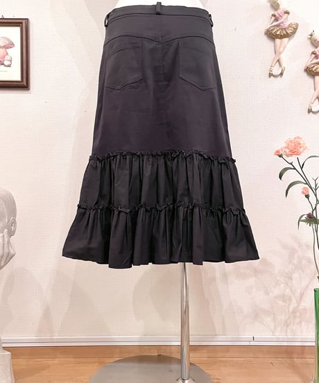 Vintage Black Frill Design Midi Skirt M