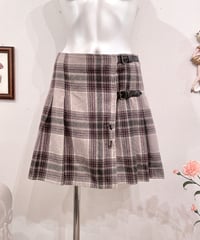 Vintage Belted Design Gray Brown Tartan Check Mini Skirt M