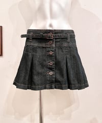 Vintage Belt Design Pleats Denim Mini Skirt M