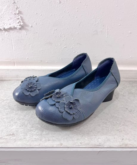 Vintage 3D Flower Design Emerald Blue Leather Heels 26.0cm