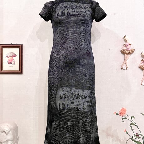 Vintage Black Oriental Print Velour Dress XS