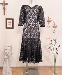 Vintage Black All Lace Puff Sleeve Dress S