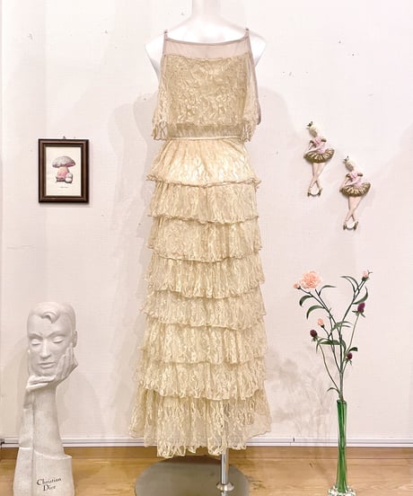 Vintage Lace & Frill Design Camisole Long Dress S