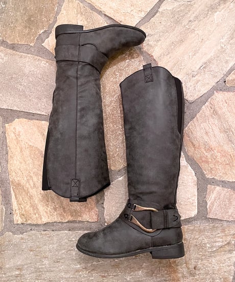 Vintage Buckle Design Charcoal Black Faded Long Boots 24.0cm