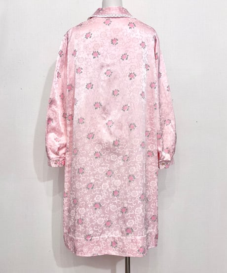 Vintage Light Pink Rose Design Satin Night Gown L