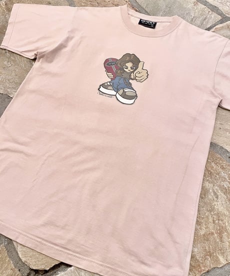 Vintage Pink Beige Skateboarding Girl Print T-Shirt M