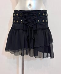 Vintage Lace Up & Asymmetry Design Flare Mini Skirt M