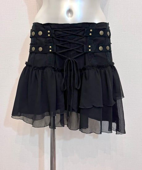 Vintage Lace Up & Asymmetry Design Flare Mini Skirt M