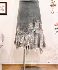 Vintage Beads & Fringe Design Blue Gray Denim Flare Skirt L