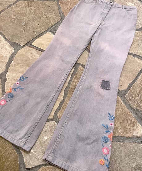 Vintage Flower Embroidery Design Pink Overdyed Denim Wide Flare Pants S